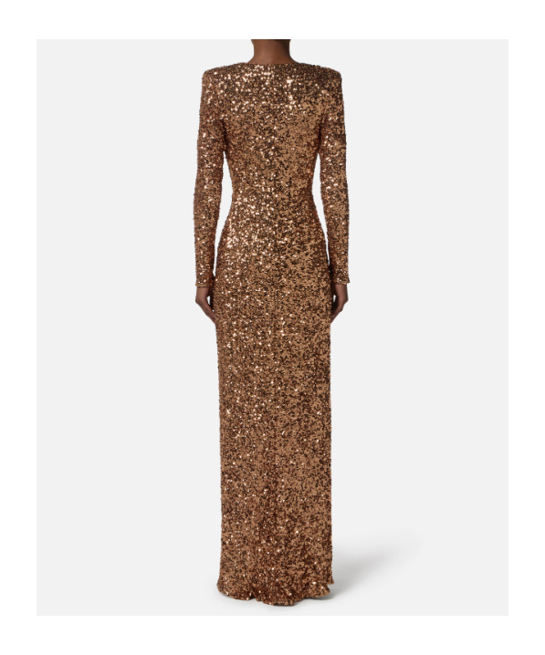 Elisabetta Franchi Sequin Embellished Maxi Dress V-neckline In Brown