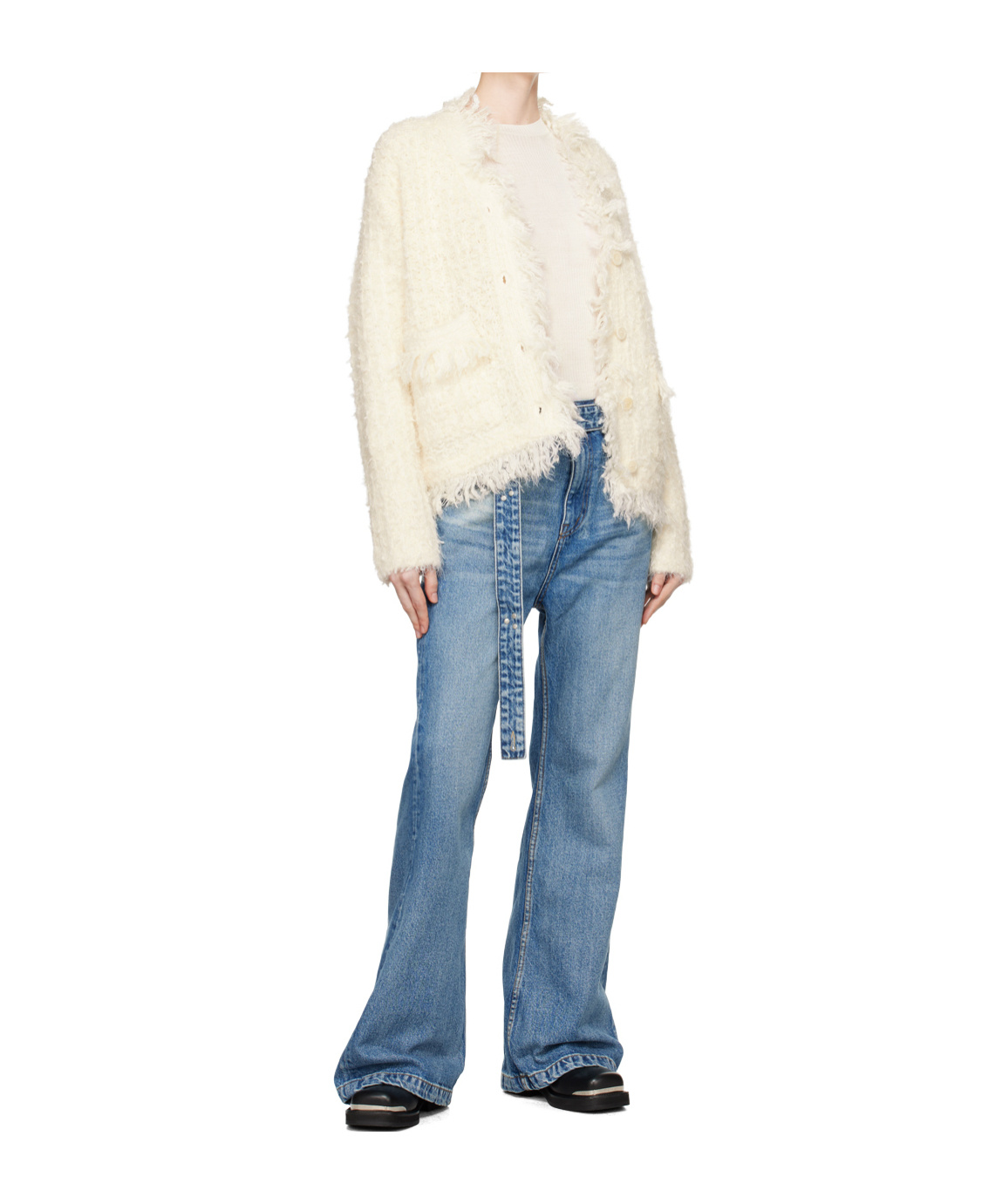 Open Yy White Ribbon Rib Knit Long Sleeve T-shirt In Gray