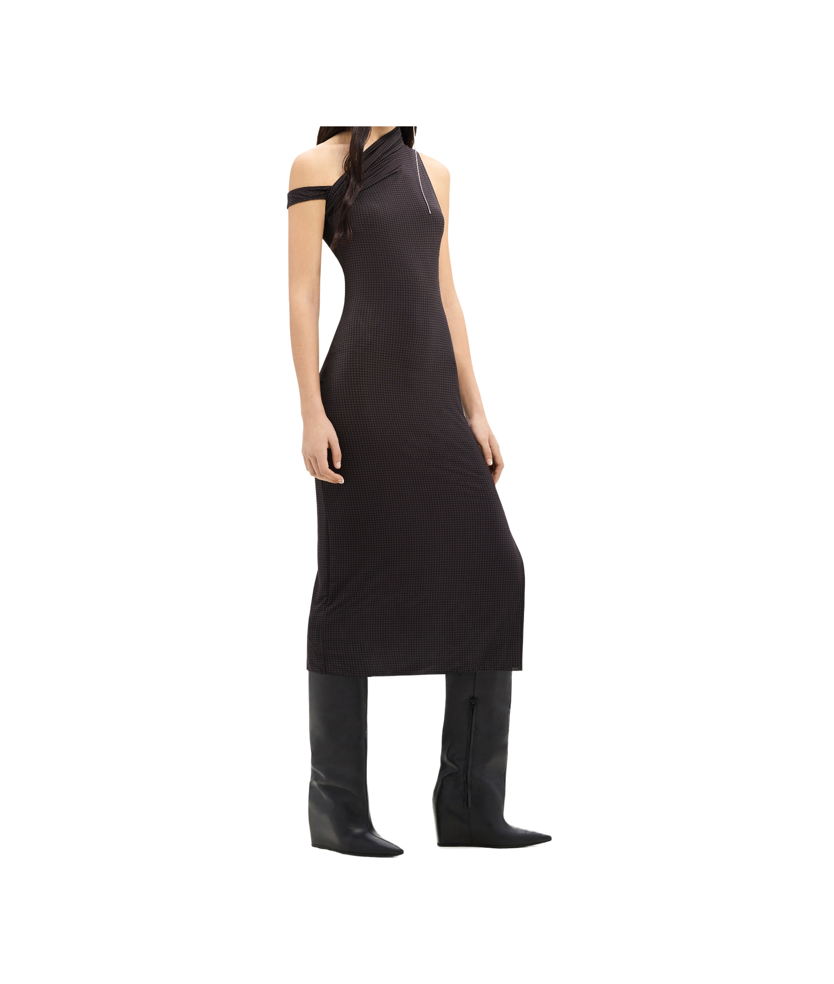 Courrèges Houndstooth Draped Midi Dress In Black
