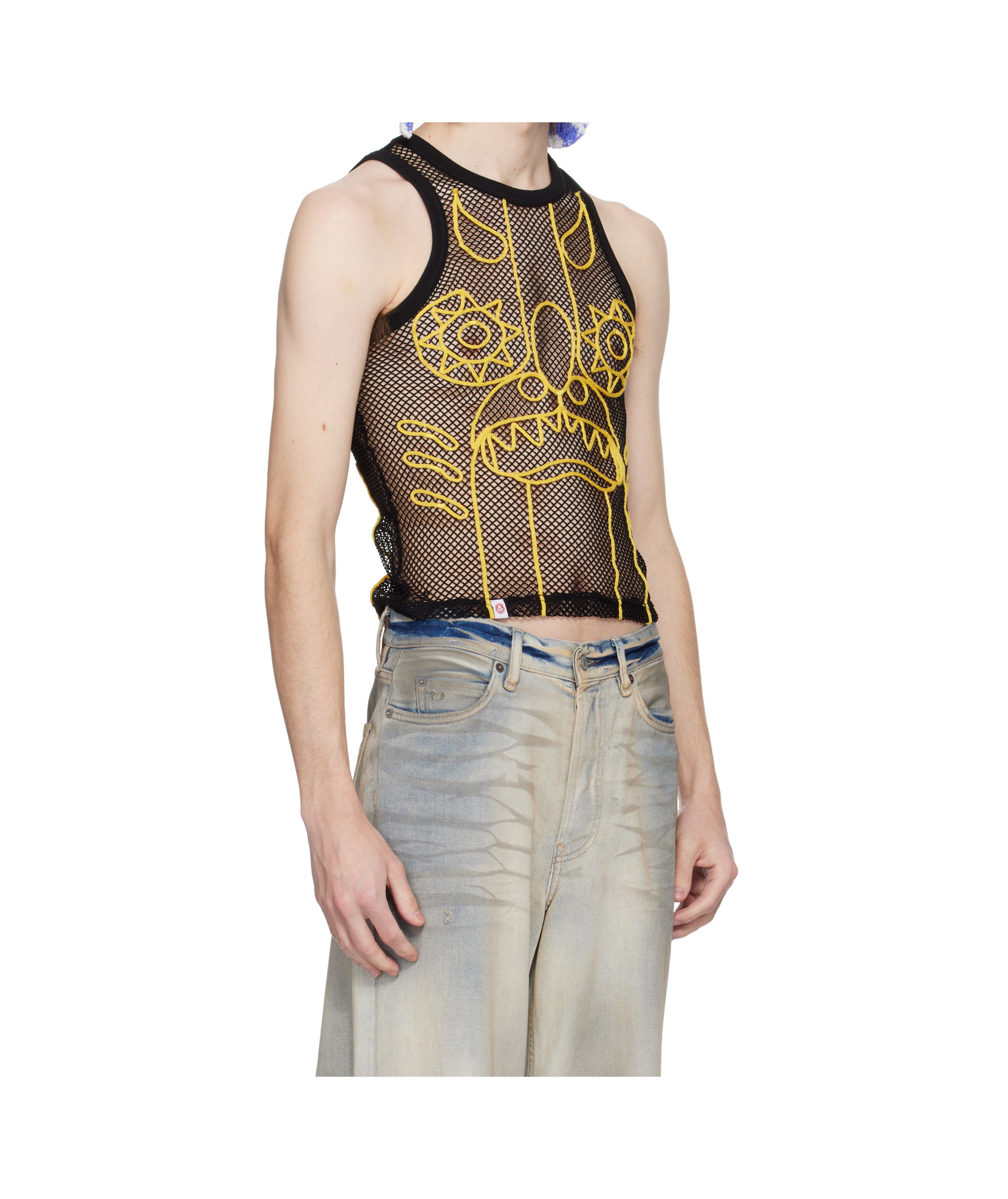 Charles Jeffrrey Loverboy Ssense Exclusive Black Yellow Graphic Net Tank Top In Nude