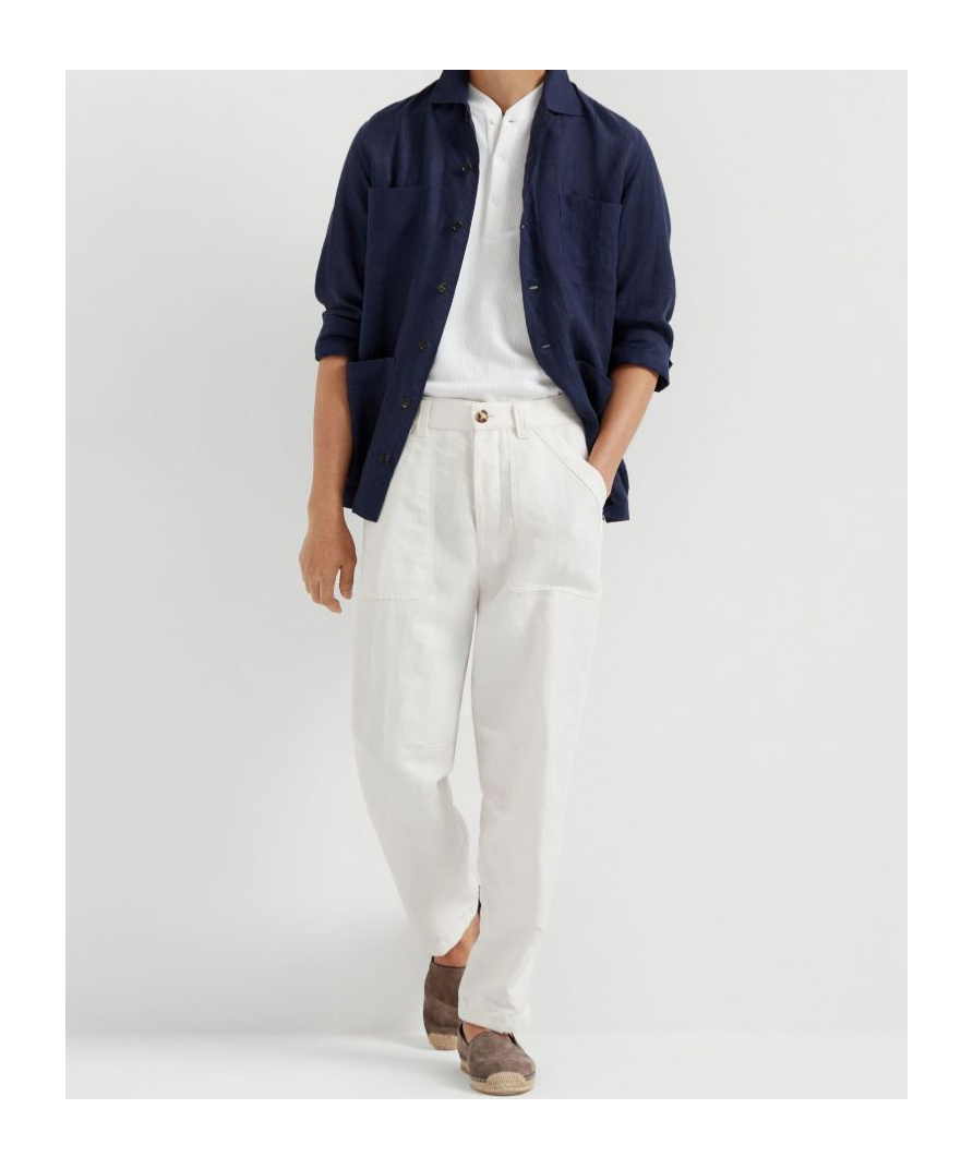 Brunello Cucinelli Linen Shirt With Chest Pockets And Collar In Blue