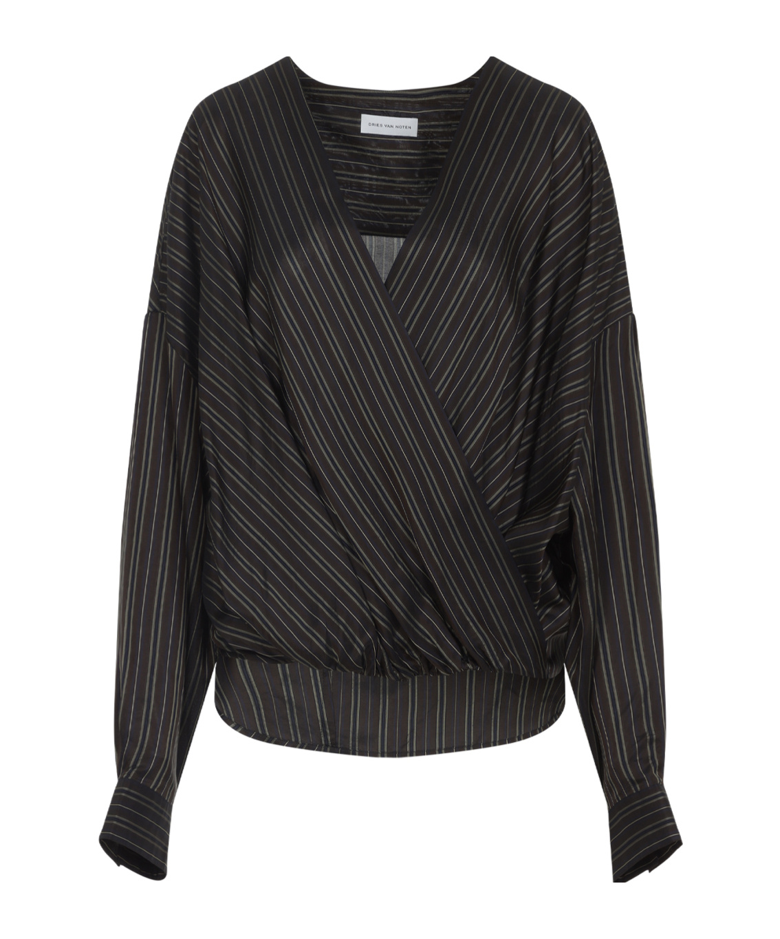 Dries Van Noten V-neck Striped Draped Long Sleeves Blouse In Black