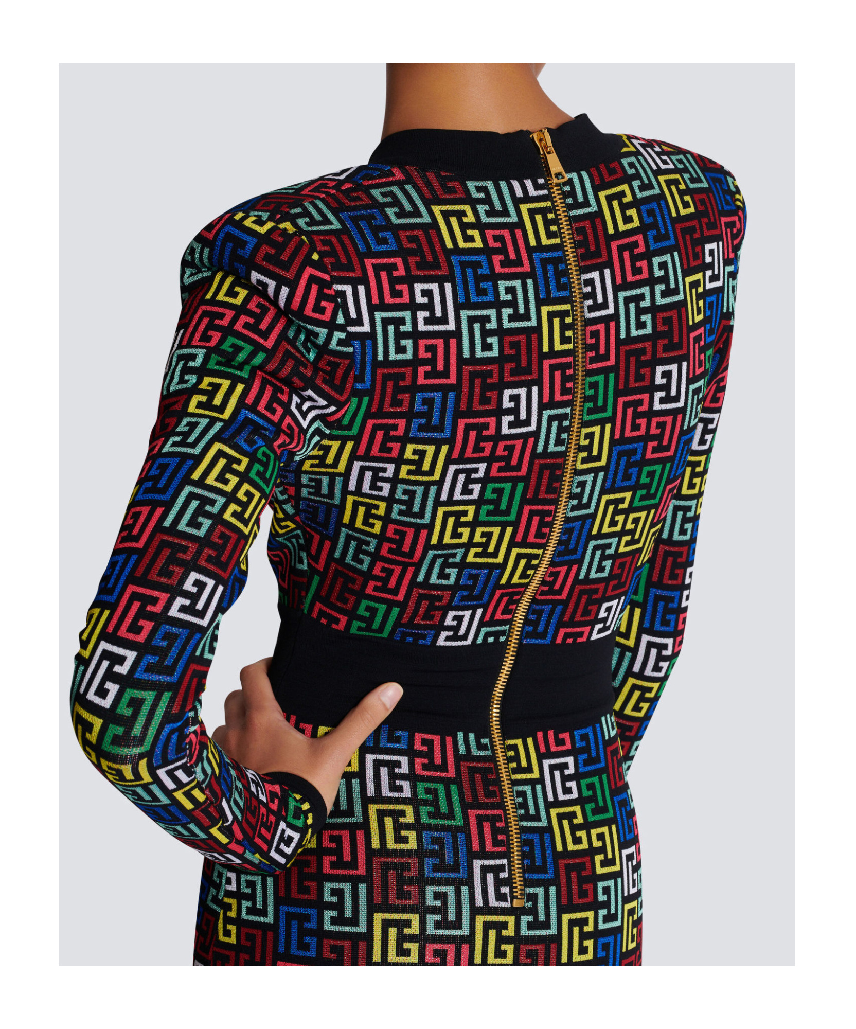 Balmain Knit Dress With Monogram And Geometric Pattern In Black
