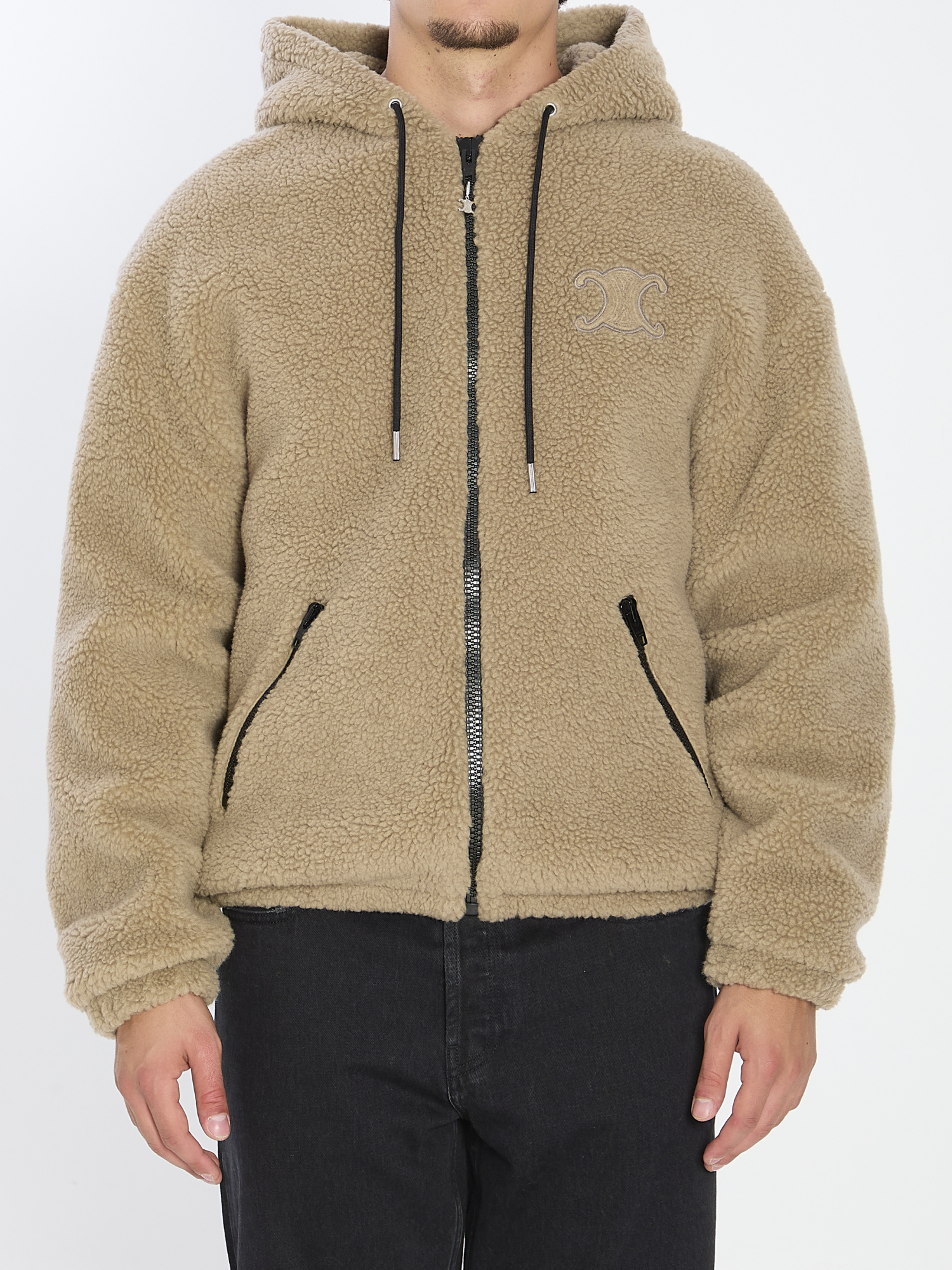 Celine Hooded Jacket In Wool And Cotton Fleece In Brown