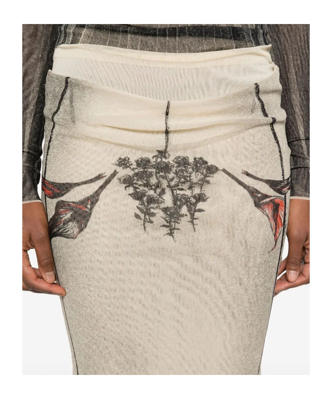 Jean Paul Gaultier Mesh Printed Double Layer Midi Skirt In Ecru Black Red