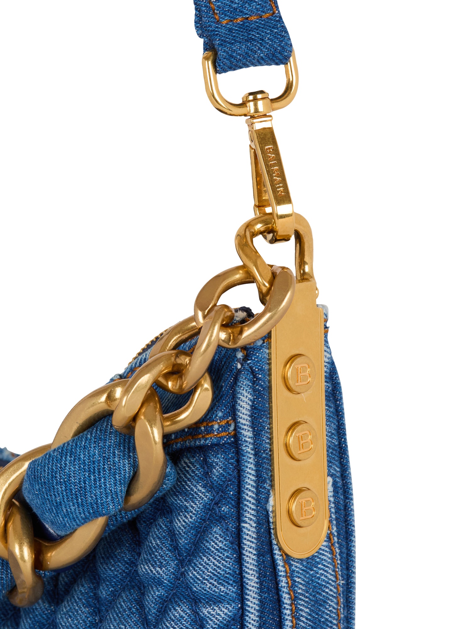 Shop Balmain 1945 Soft Moon Bag In Diamond-quilted Denim In Blue