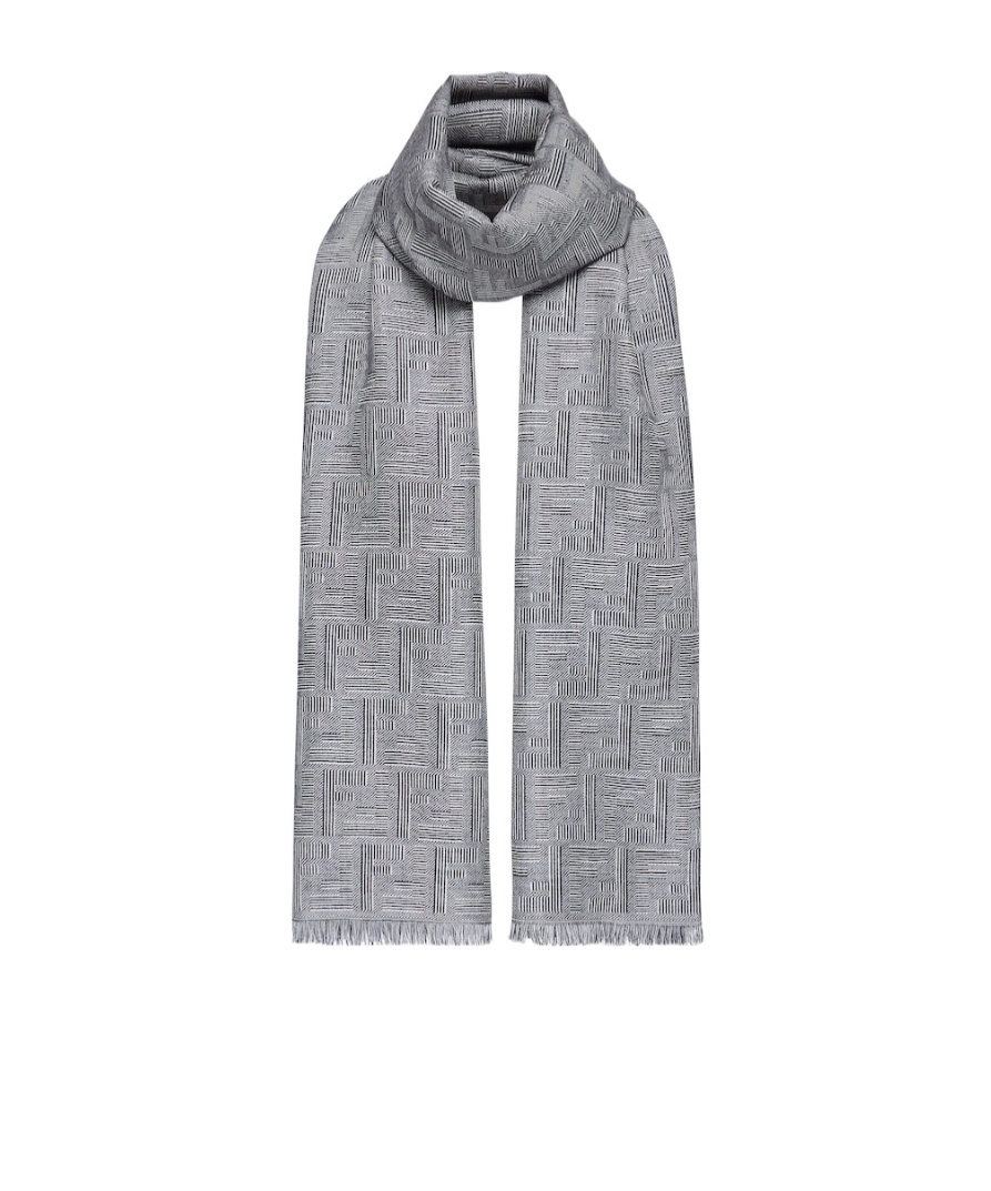 Fendi Logo-intarsia Frayed-edge Scarf In Gray