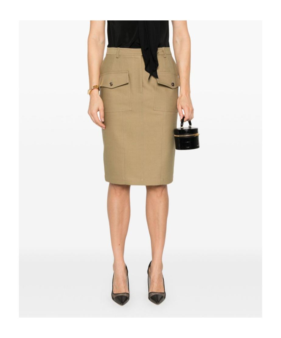 Tom Ford Stretch Cotton Twill Midi Skirt In Nude