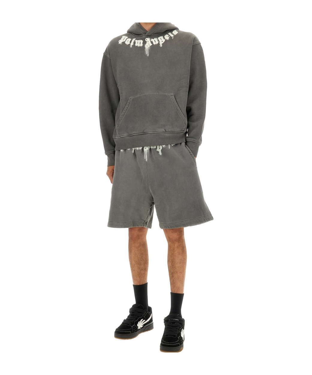 Palm Angels Cotton Hooded Sweatshirt Kangaroo Pocket In Gray