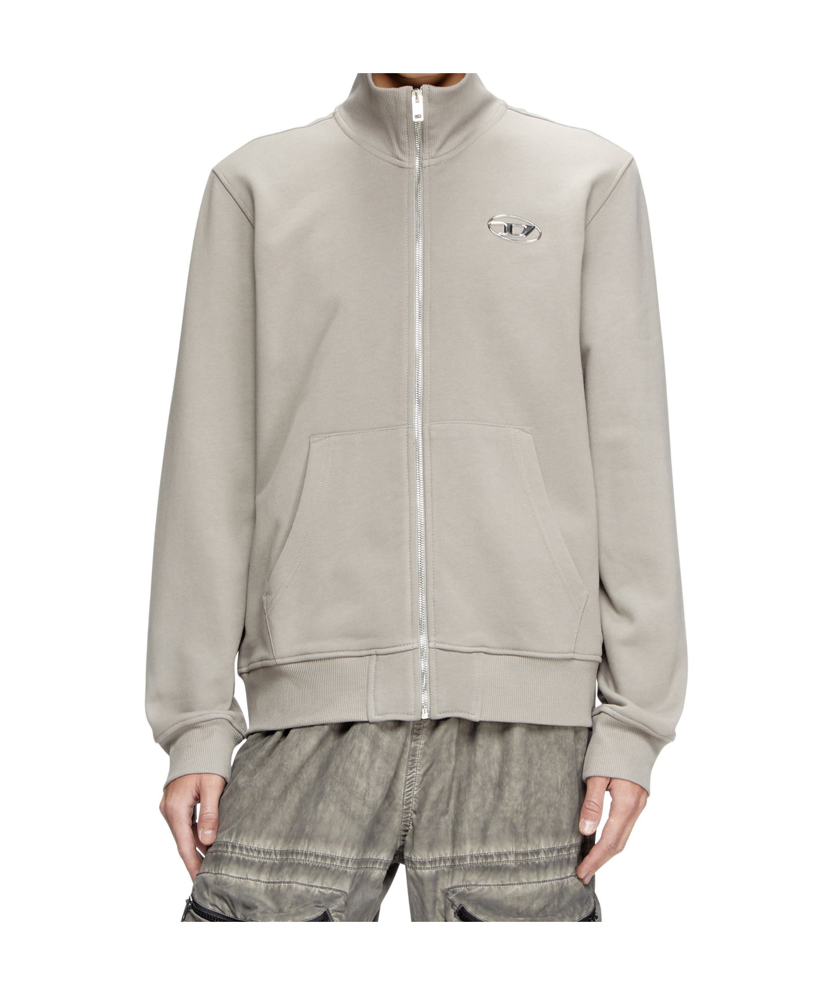 Diesel Zip-up Sweatshirt With Metallic Logo In Light Gray