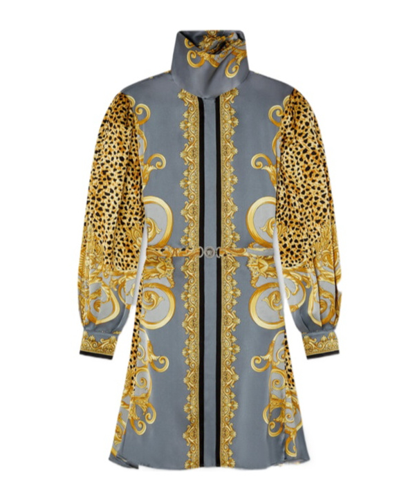 Versace Dress Cheetah Foulard On Silk Crepe Satin Lw Clothing In Gray