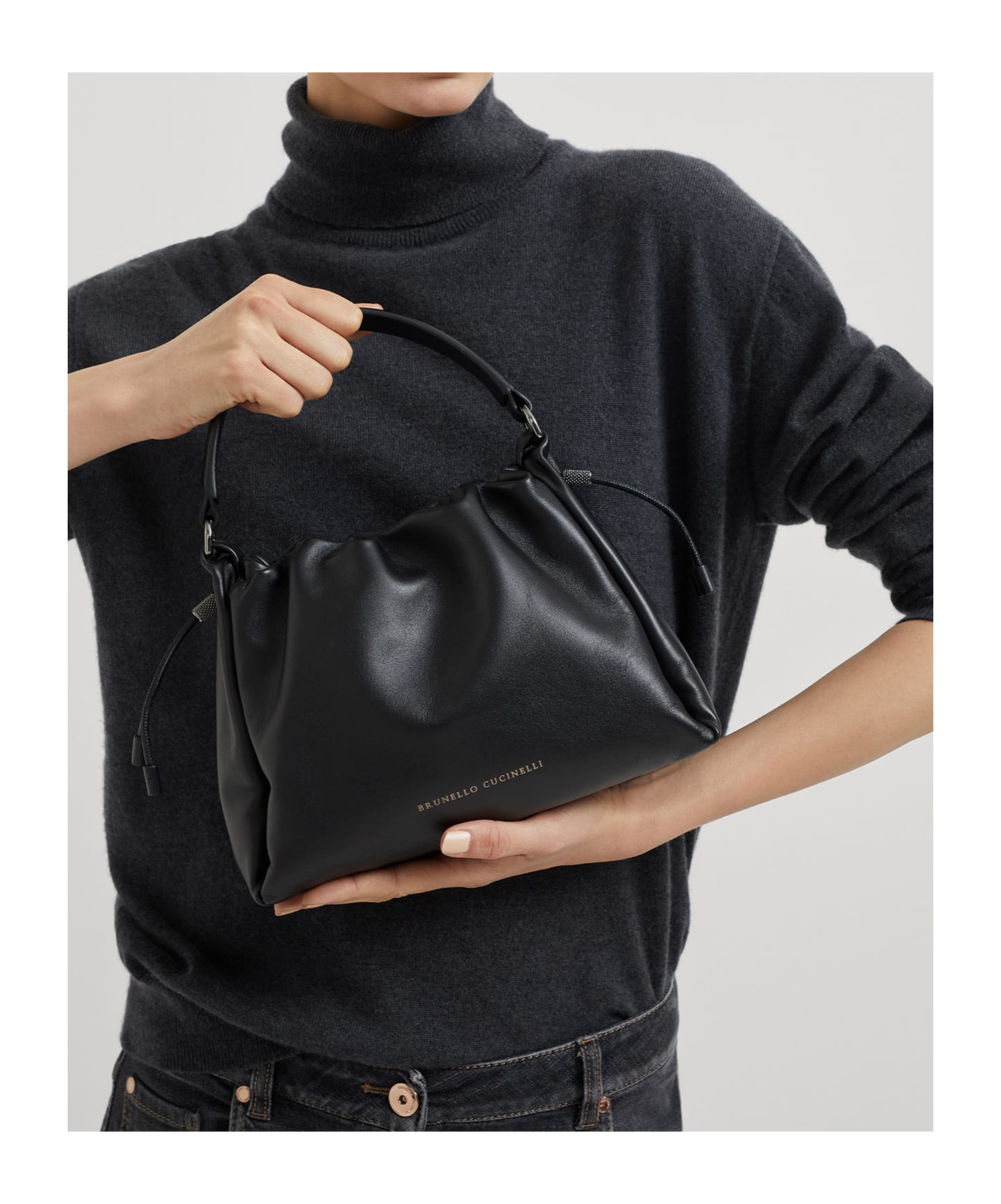 Brunello Cucinelli Small Mellow Leather Cross Bucket Bag In Black