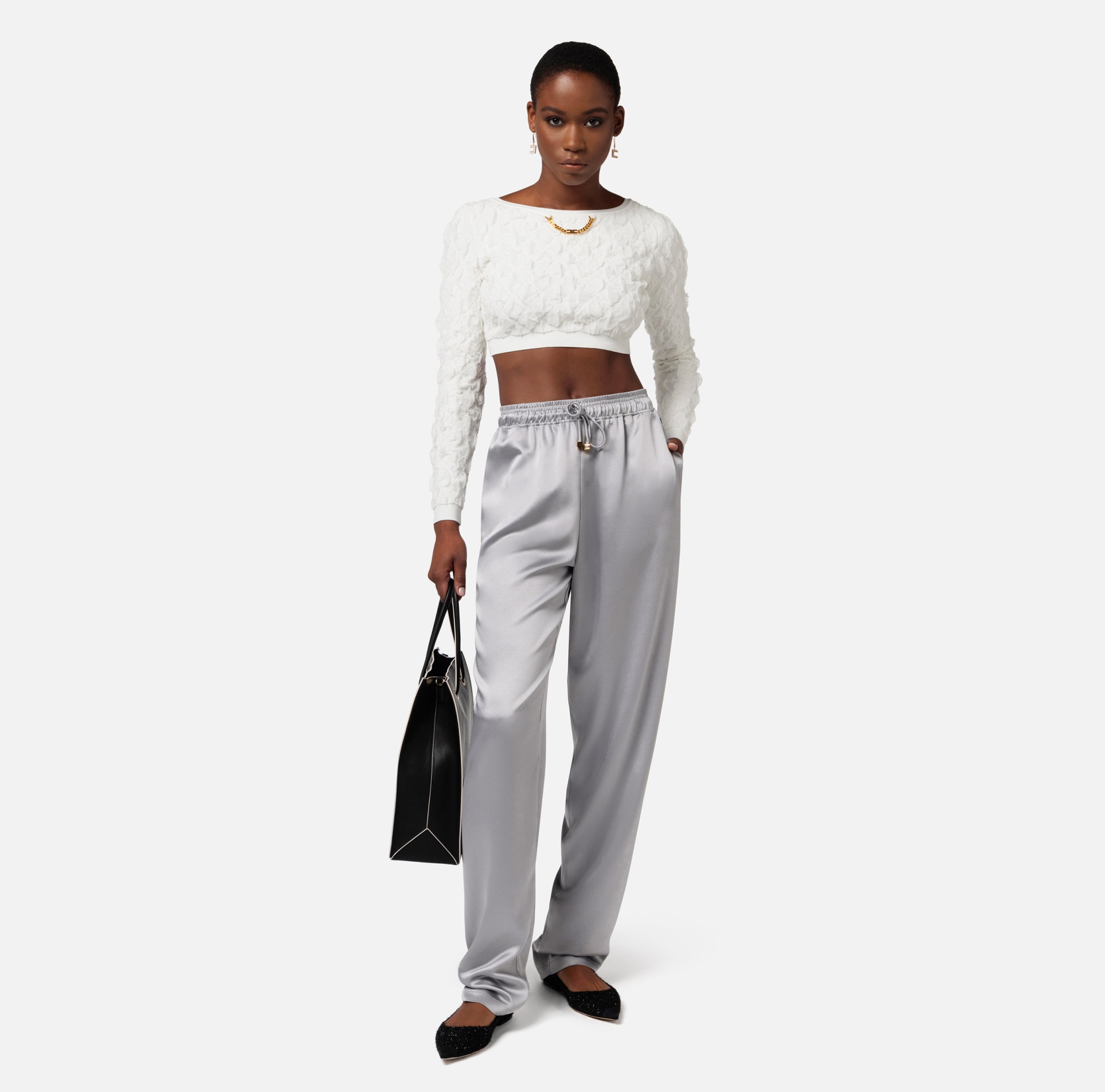 Elisabetta Franchi Satin Tapered Trousers In Gray