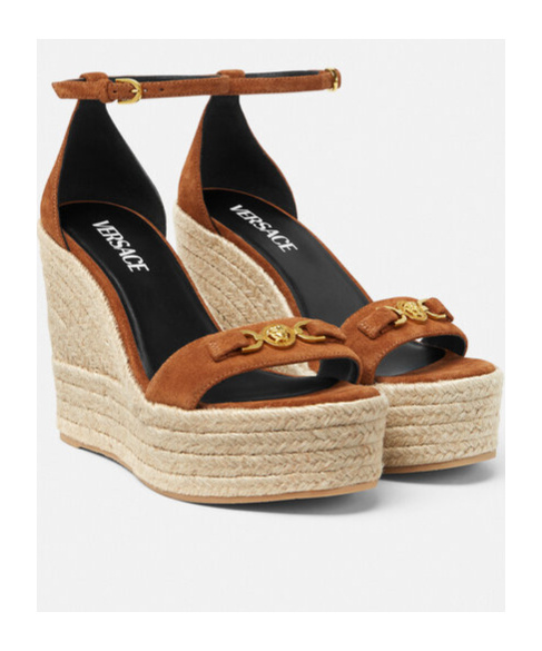 Versace Embellished Suede Espadrille Wedge Sandals In Brown