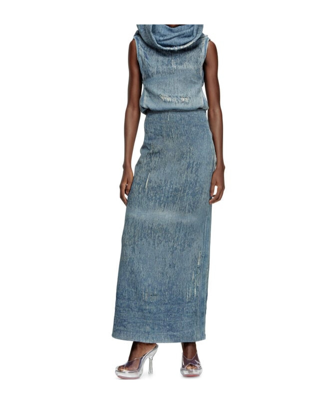 Diesel Megan Distressed High-waisted Long Skirt In Gray