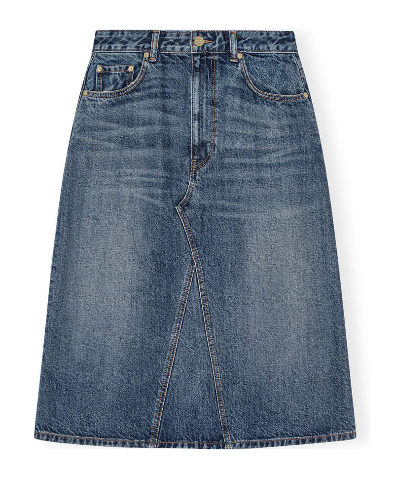 Ganni Blue Heavy Washed Denim Midi Skirt In Blue