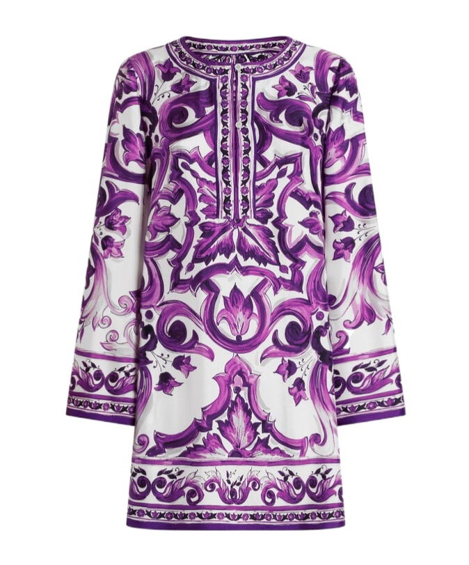 Dolce & Gabbana Majolica Silk Twill Long-sleeve Mini Shift Dress In Purple