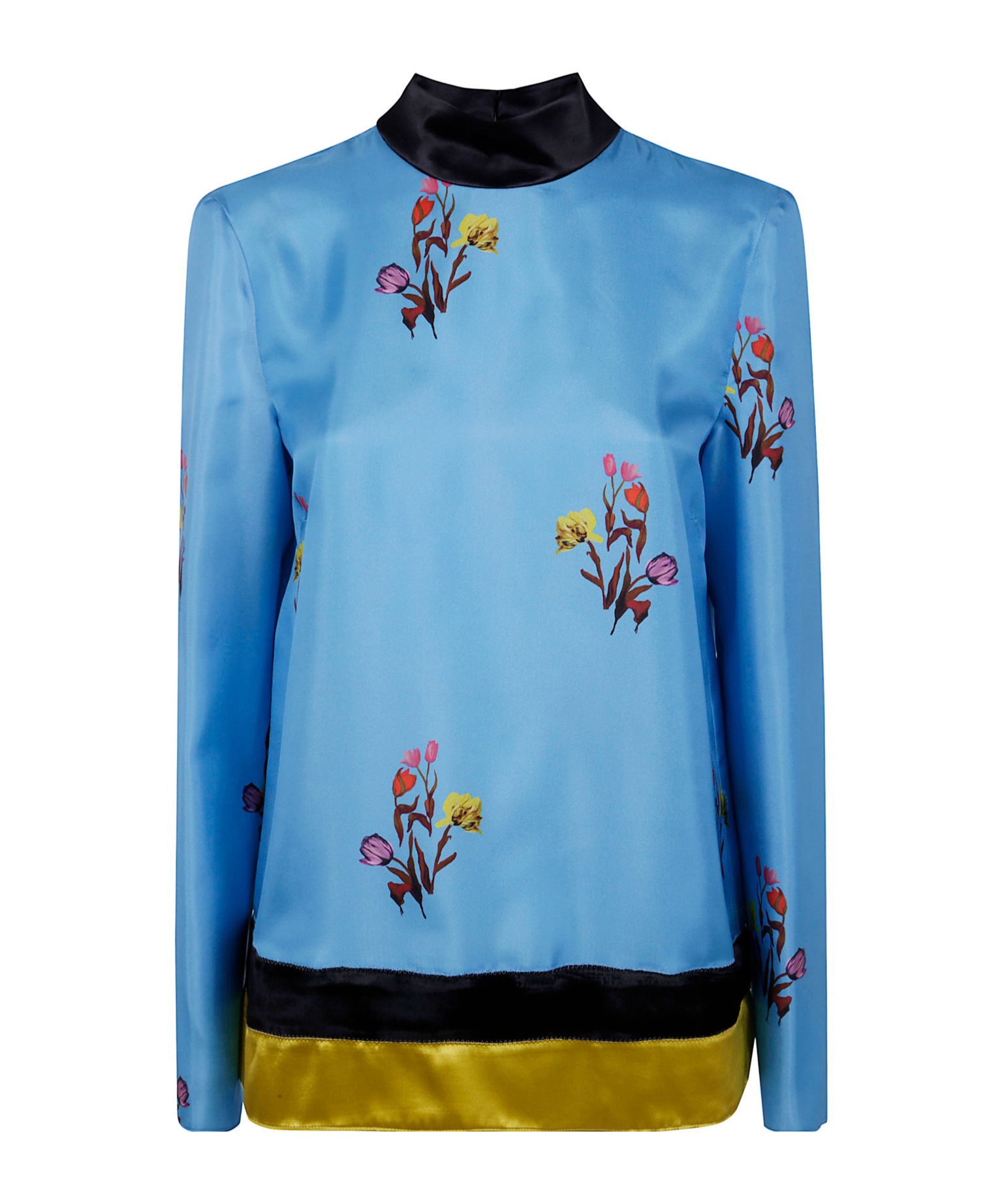 Marni Floral Satin Long Sleeve Top With Keyhole In Blue