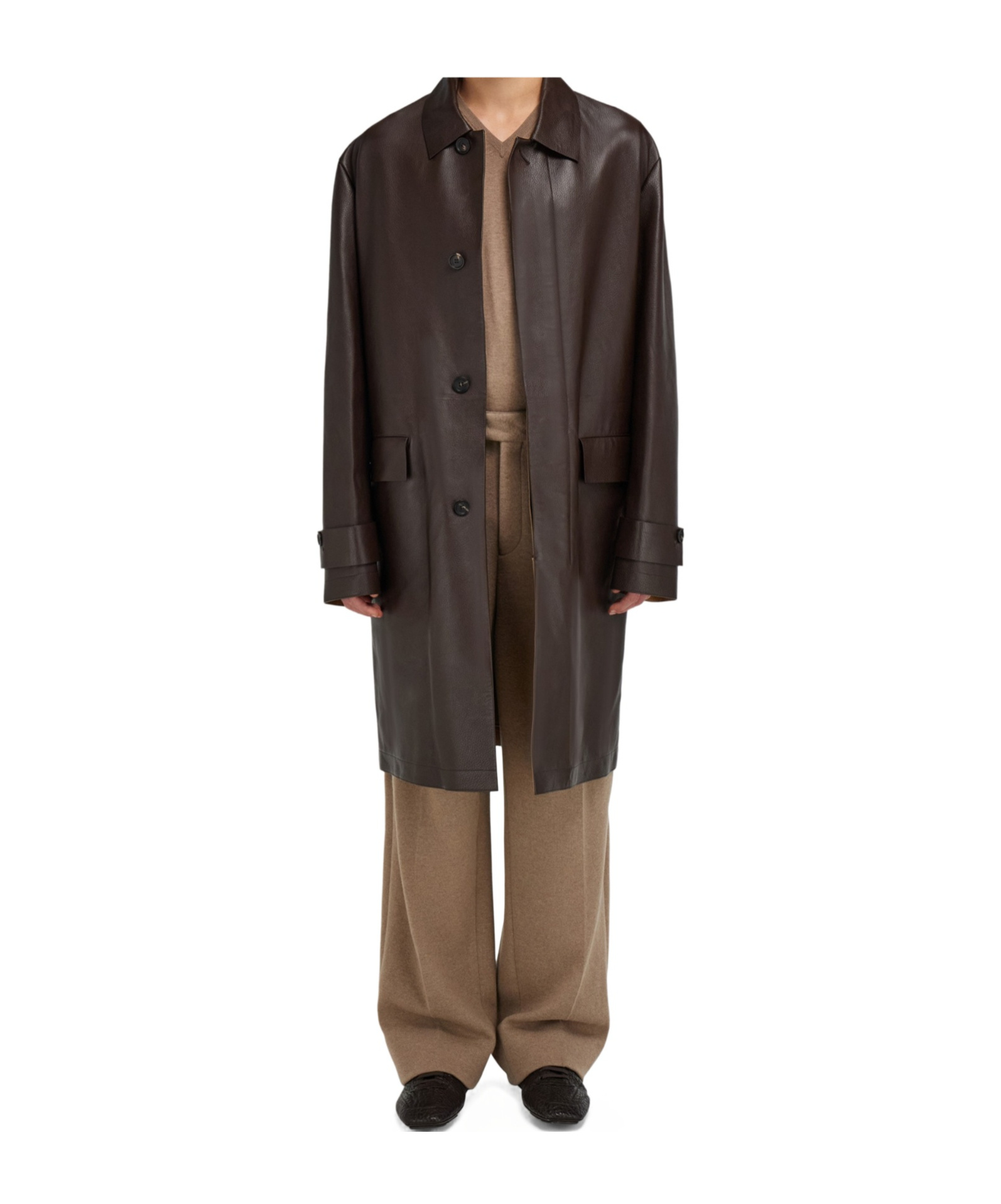 Ferragamo Long Leather Trench Coat With Belted Waist In Brown