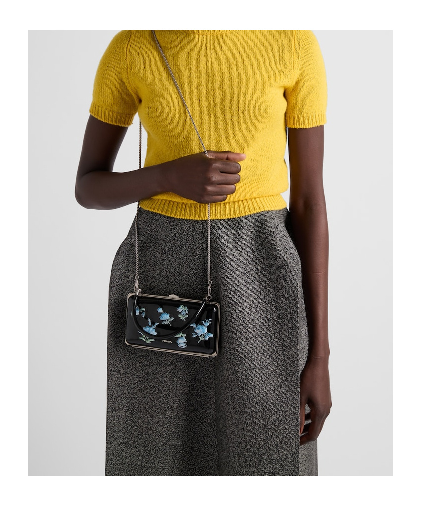 Prada Floral-printed Patent Leather Clutch In Black