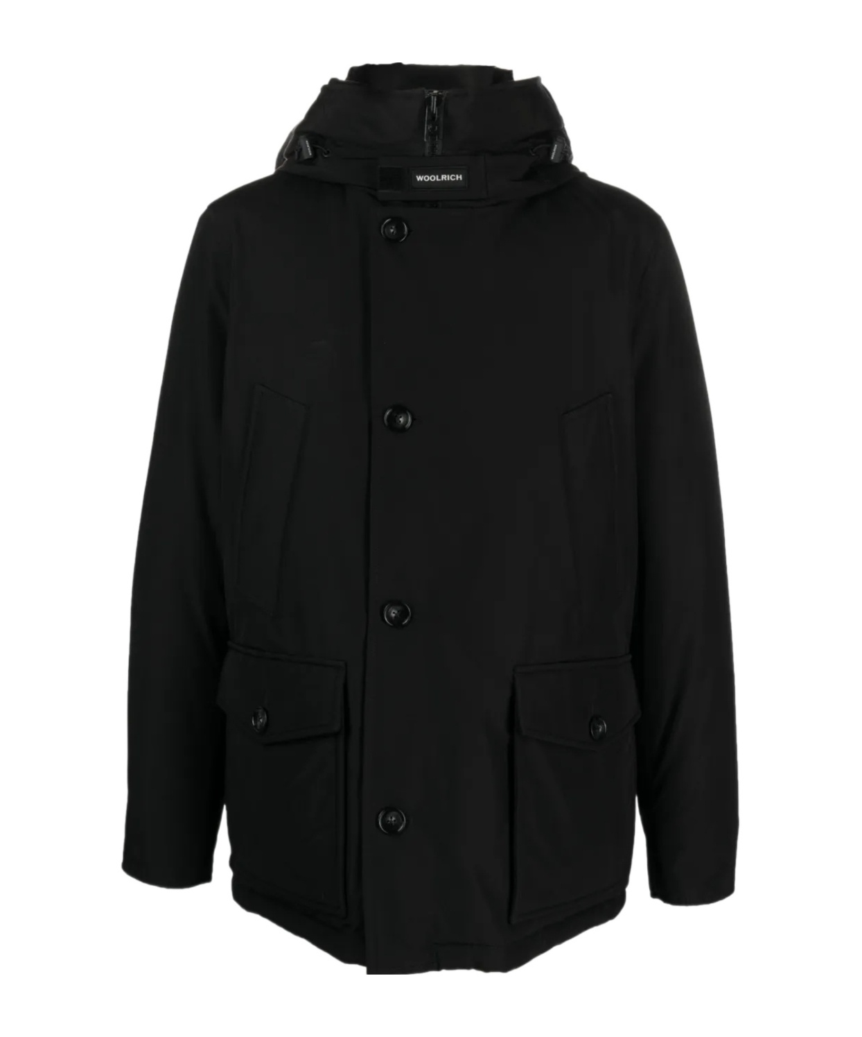 Woolrich Padded Jet Black Parka With Logo Print And Drawstring Hood In Black