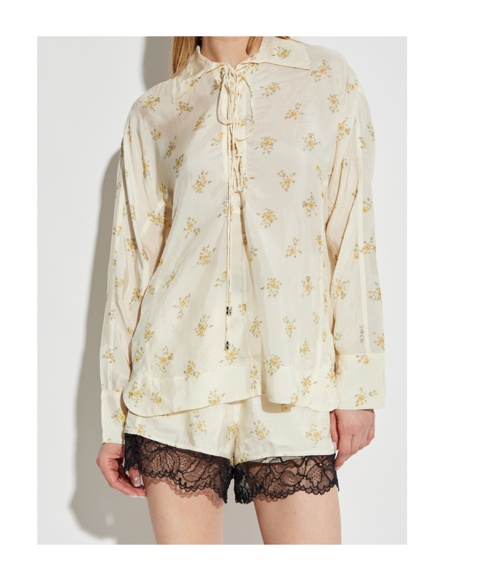 Ganni Off-white Floral Tie String Shirt In Yellow