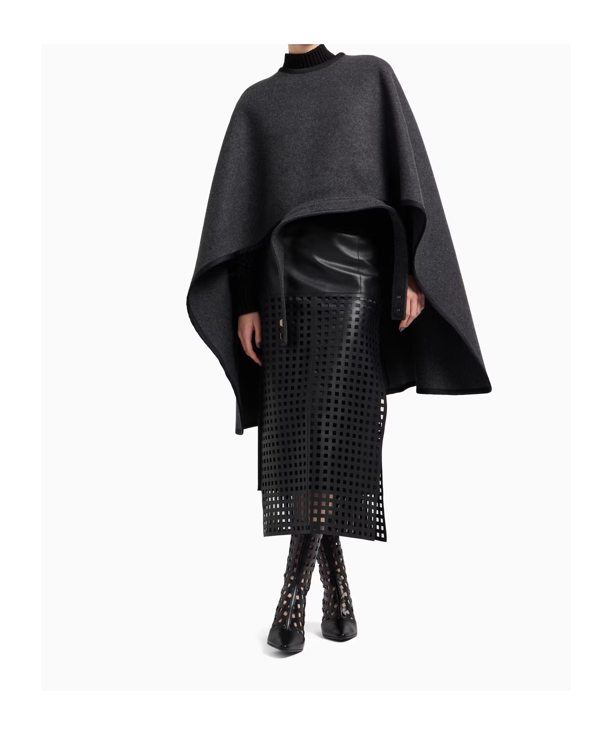 Emporio Armani Polygon Capsule Collection Midi Skirt In Vegetable-tanned Nappa Leather With Laser-cut Perforations In Black