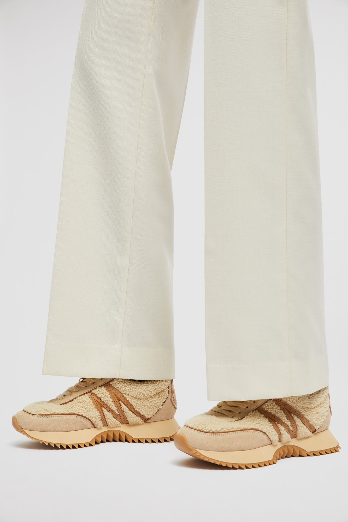 Moncler Pacey Shearling-trimmed Leather Sneakers In Nude