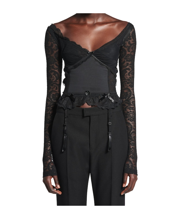 Balenciaga Cropped Jersey And Tulle-trimmed Lace Top In Black
