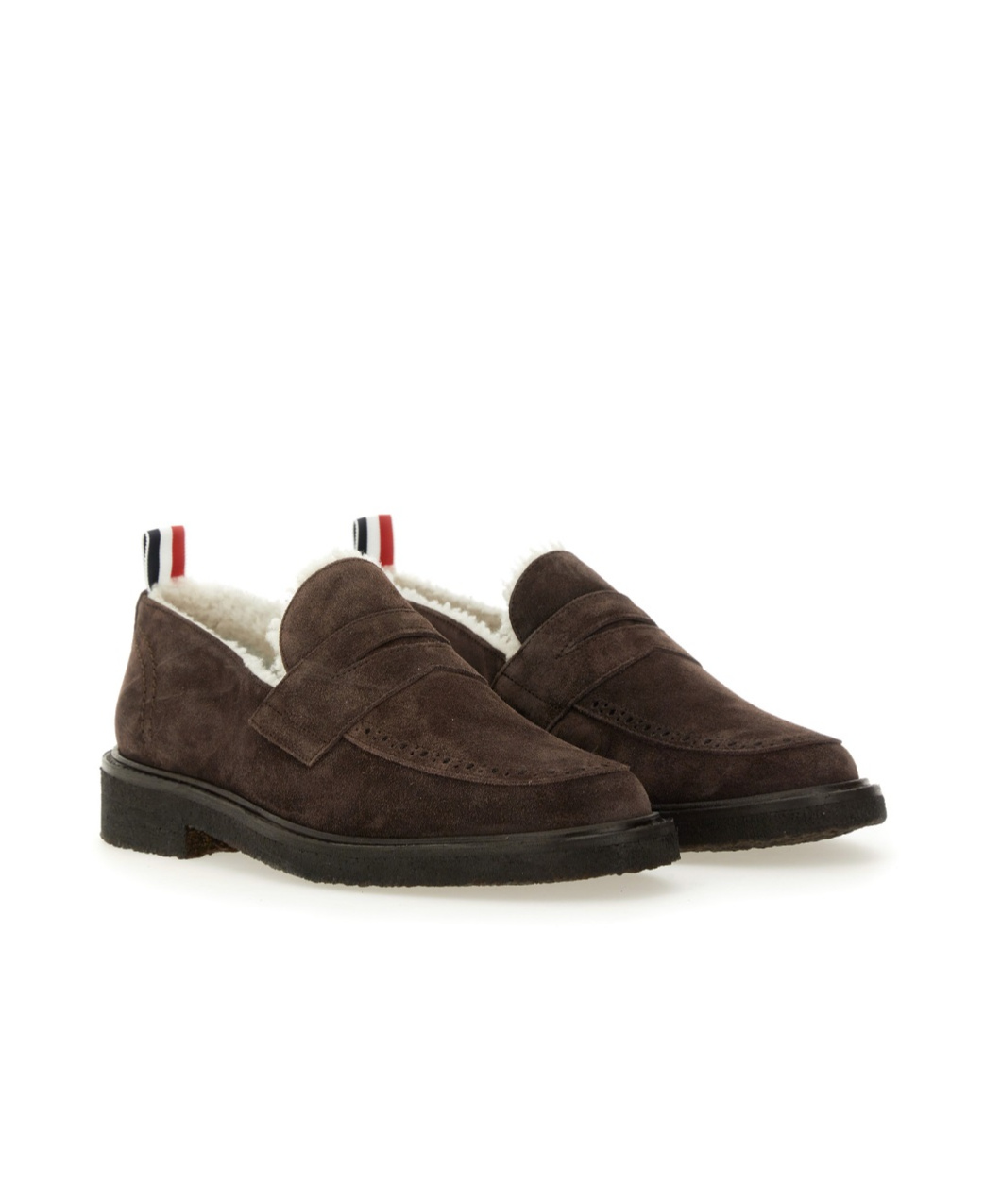 Thom Browne Dark Brown Suede Loafers With Shearling Lining And Tricolor Detail In Black