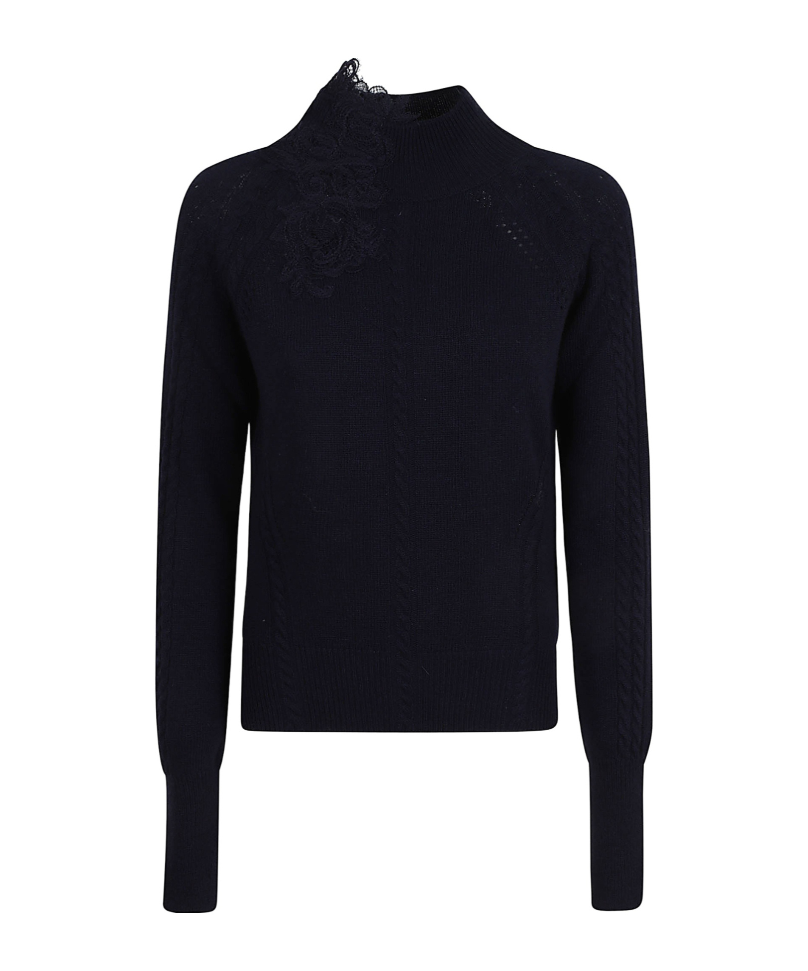 Ermanno Scervino Cable Knit Sweater With Floral Lace Detailing In Black