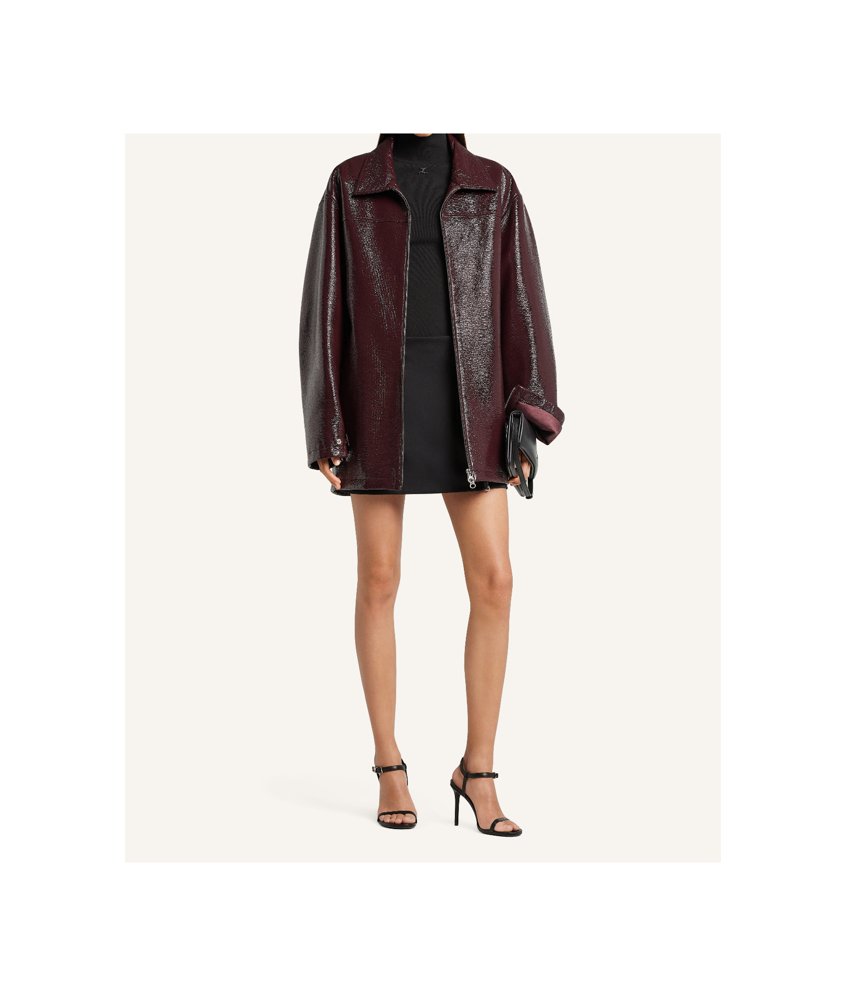 Courrèges Shiny Bomber Jacket Belted Waist In Burgundy