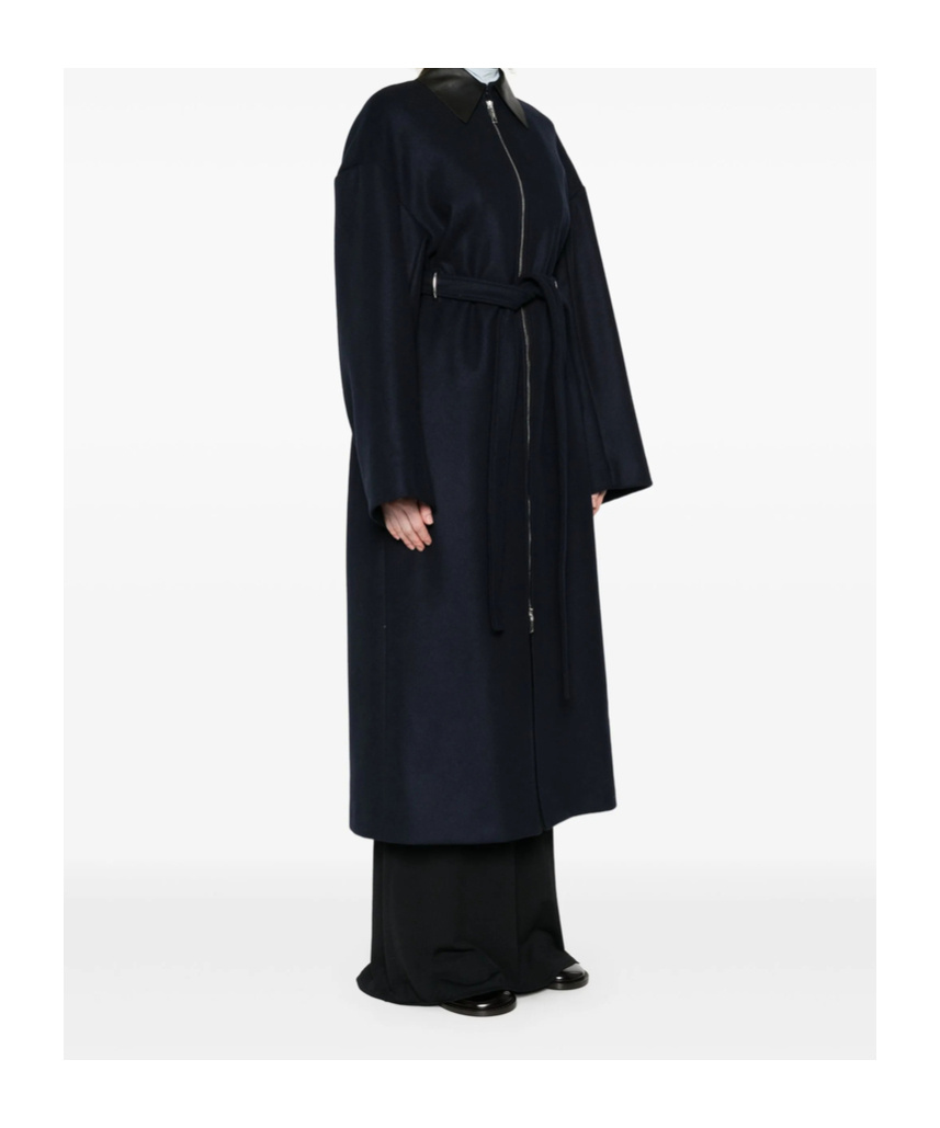 Sportmax Belted Long Coat Featuring Leather Collar In Blue