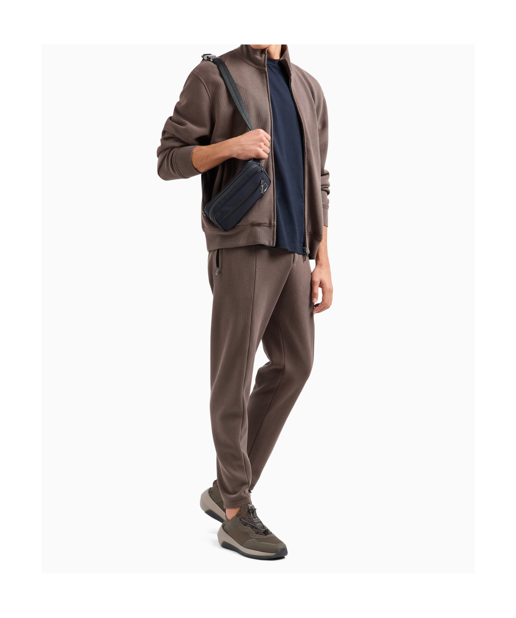 Emporio Armani Travel Essentials Full-zip Sweatshirt In Waffle Jersey In Brown