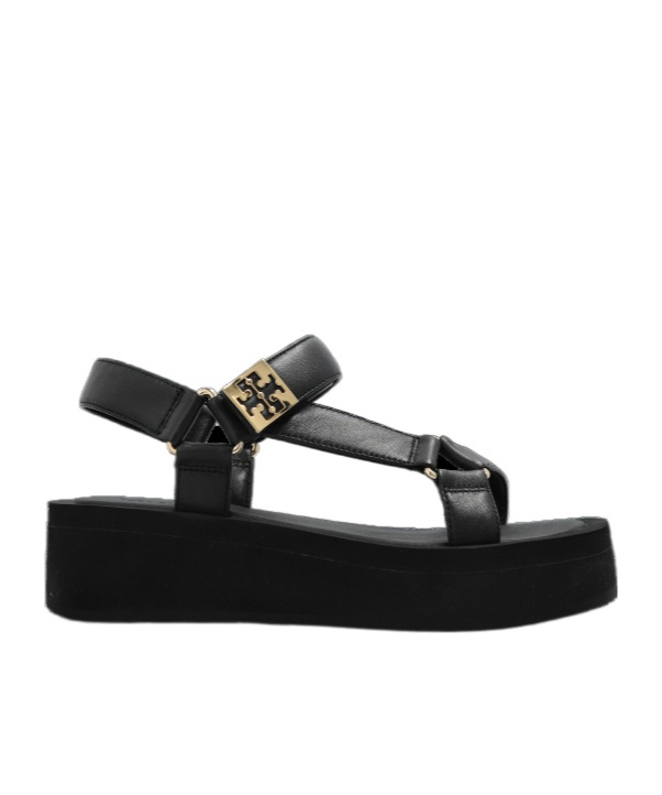 Tory Burch Round Toe Leather Platform Sandals With Ankle Strap In Black