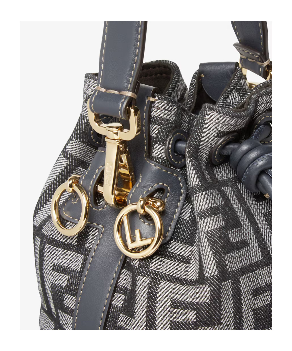 Fendi Mon Tresor Denim-effect Ff Jacquard Mini Bucket Bags In Blue
