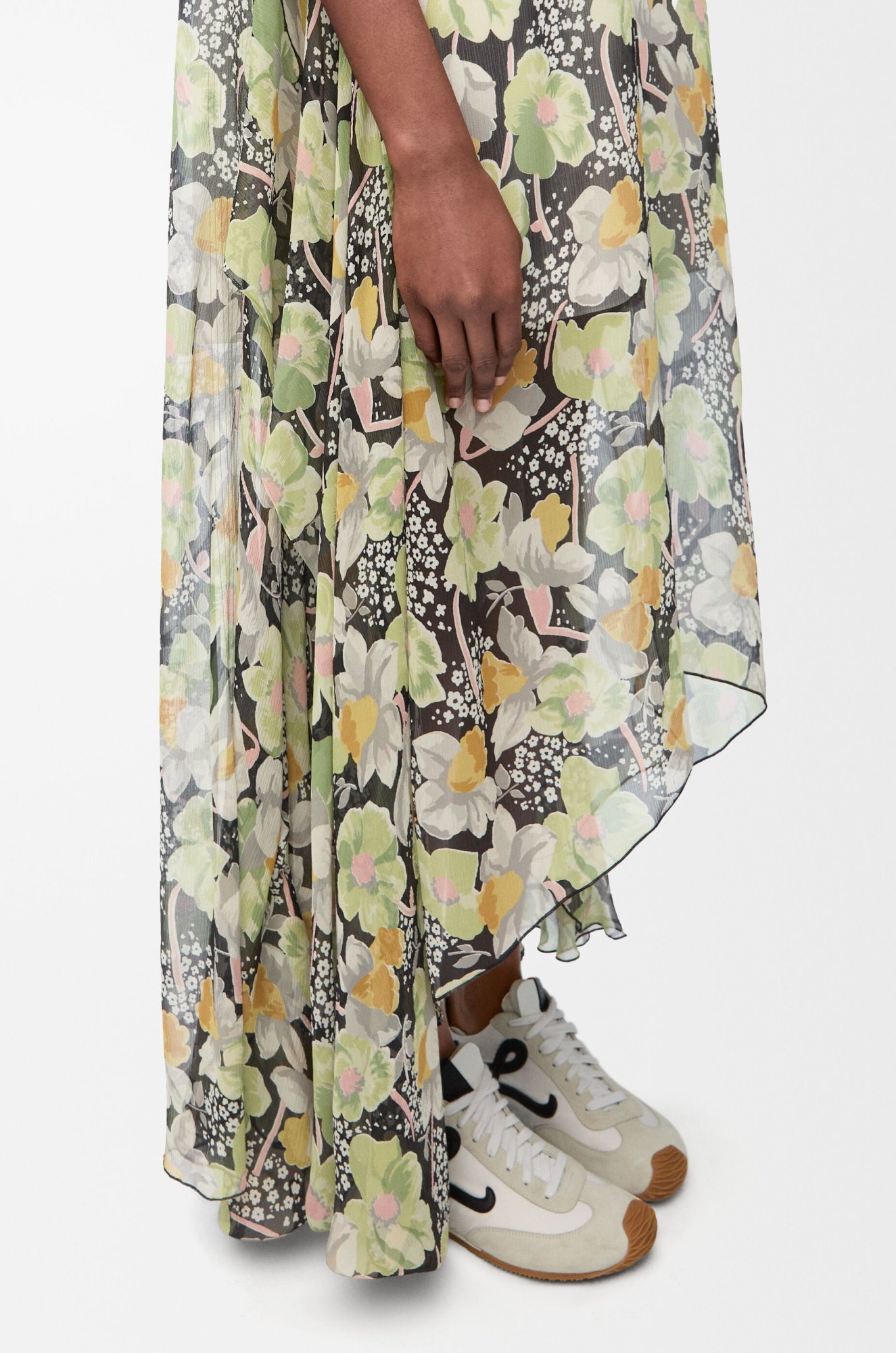 Loewe Floral Print Hoop Skirt Maxi Chiffon Silk Dress In Gray