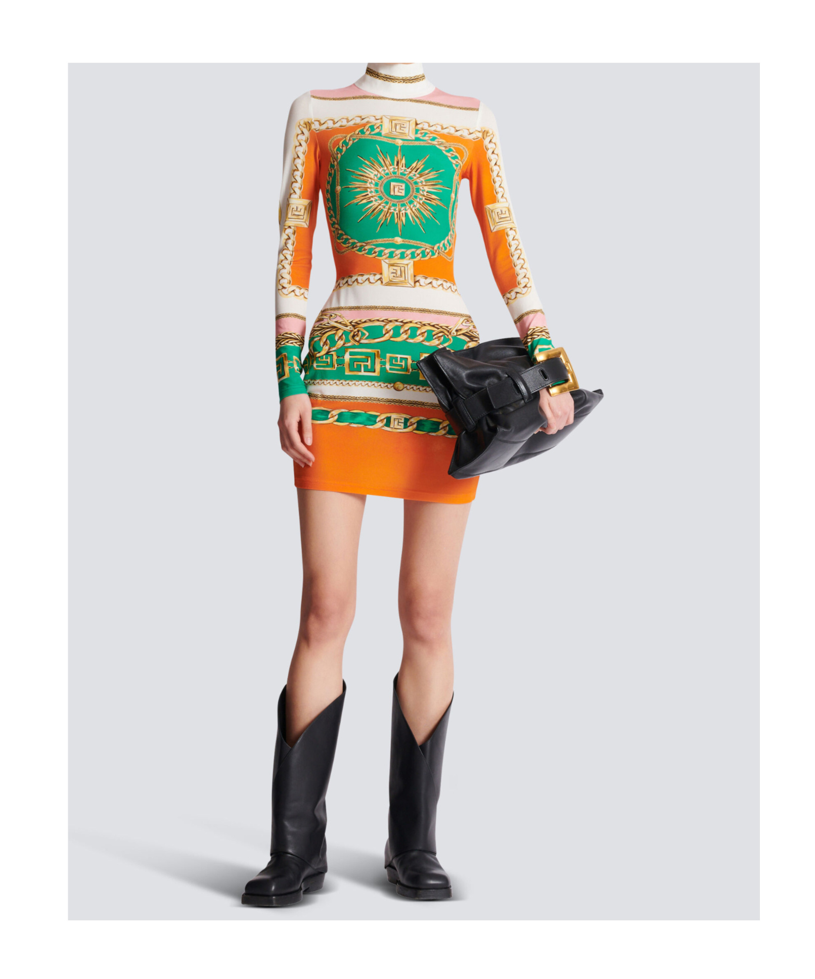 Balmain Foulard Print Long Sleeve Body-con Minidress In Orange