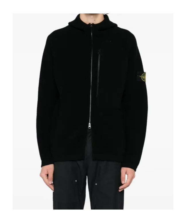 Stone Island Hooded Black Jacket With Logo Patch In Black