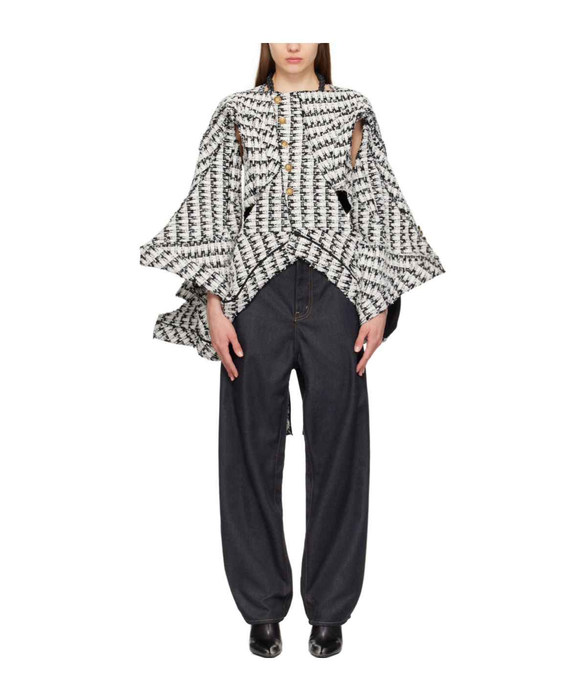 Shop Junya Watanabe Asymmetric Tweed Jacket In Black