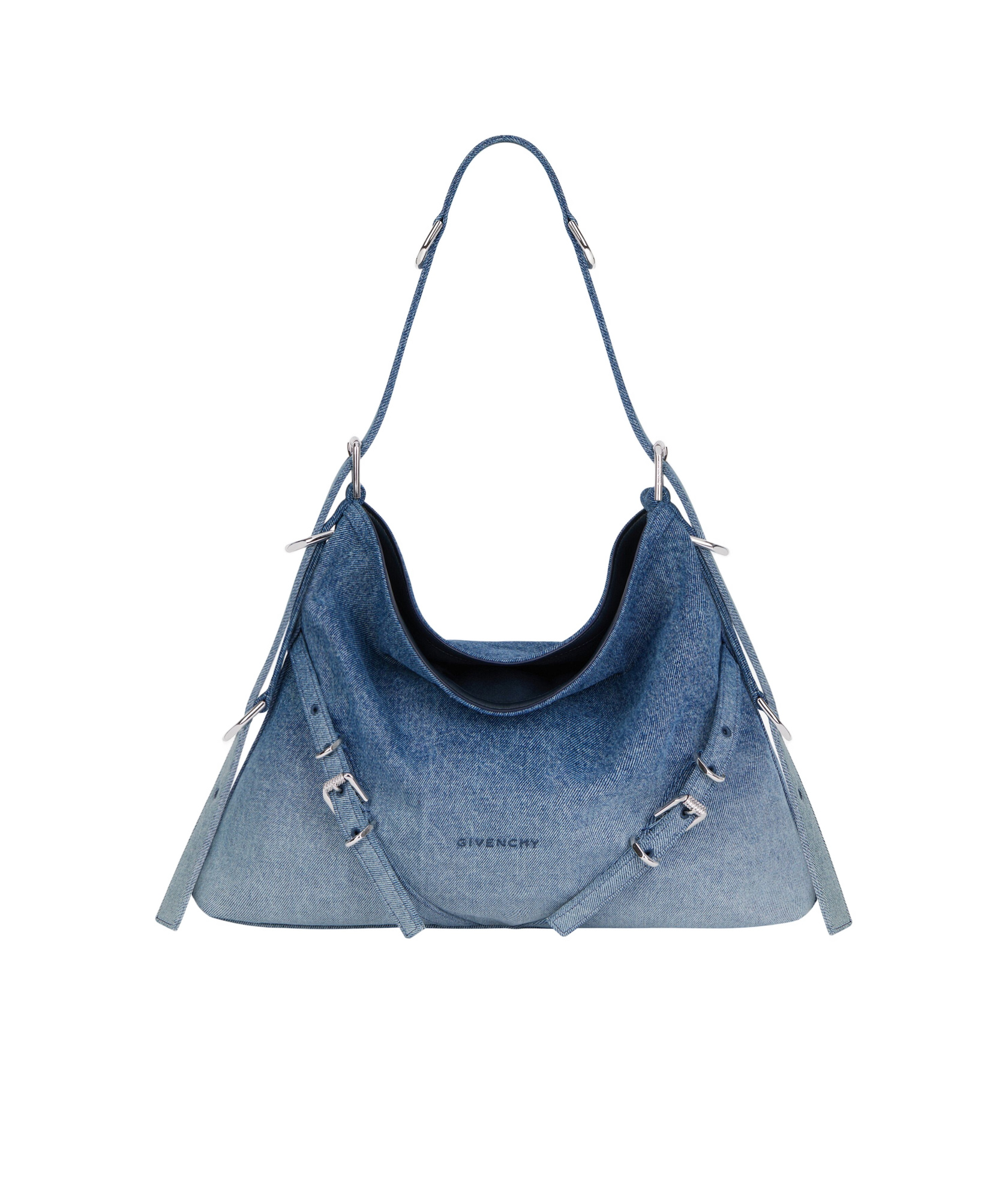 Givenchy Medium Denim Floral-embroidered Voyou Shoulder Bag In Blue