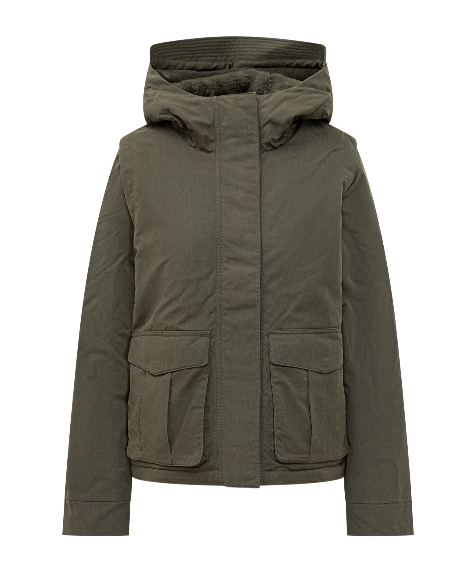 K-way Jacket With Hood And Synthetic Fur Lining In Green