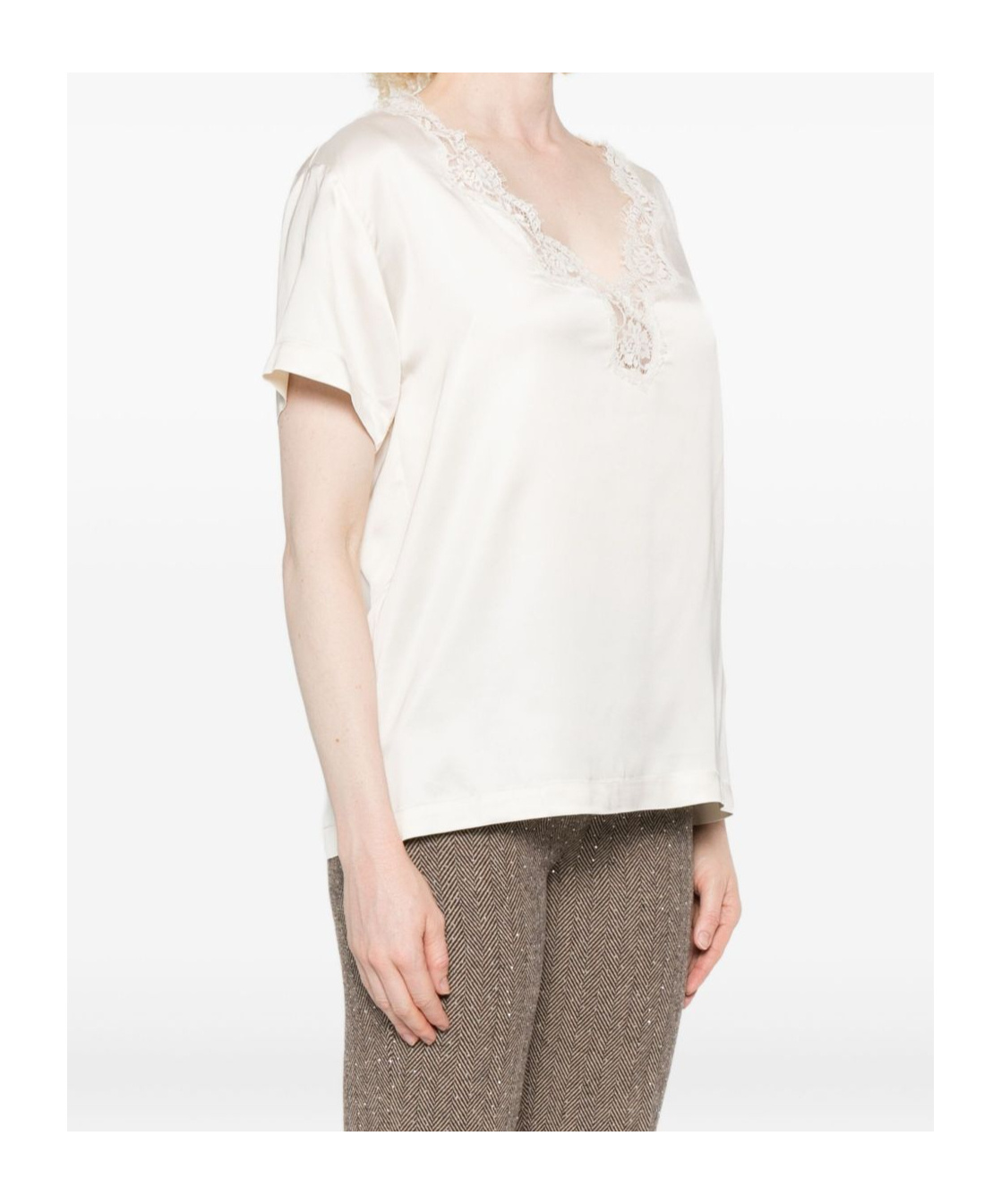 Ermanno Firenze Satin V Neck Lace Trim Top In White