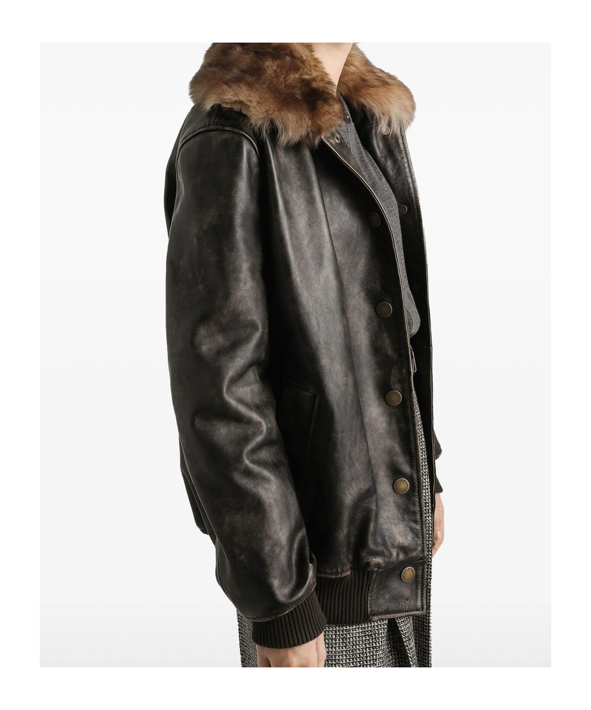 Dolce & Gabbana Shearling-trimmed Leather Bomber Jacket In Brown