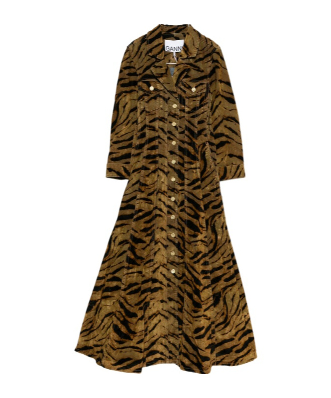 Ganni Tiger-pattern Button-up Maxi Dress In Multi