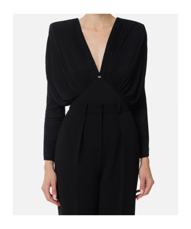 Elisabetta Franchi Draped V Neck Sheer Fabric Top In Black