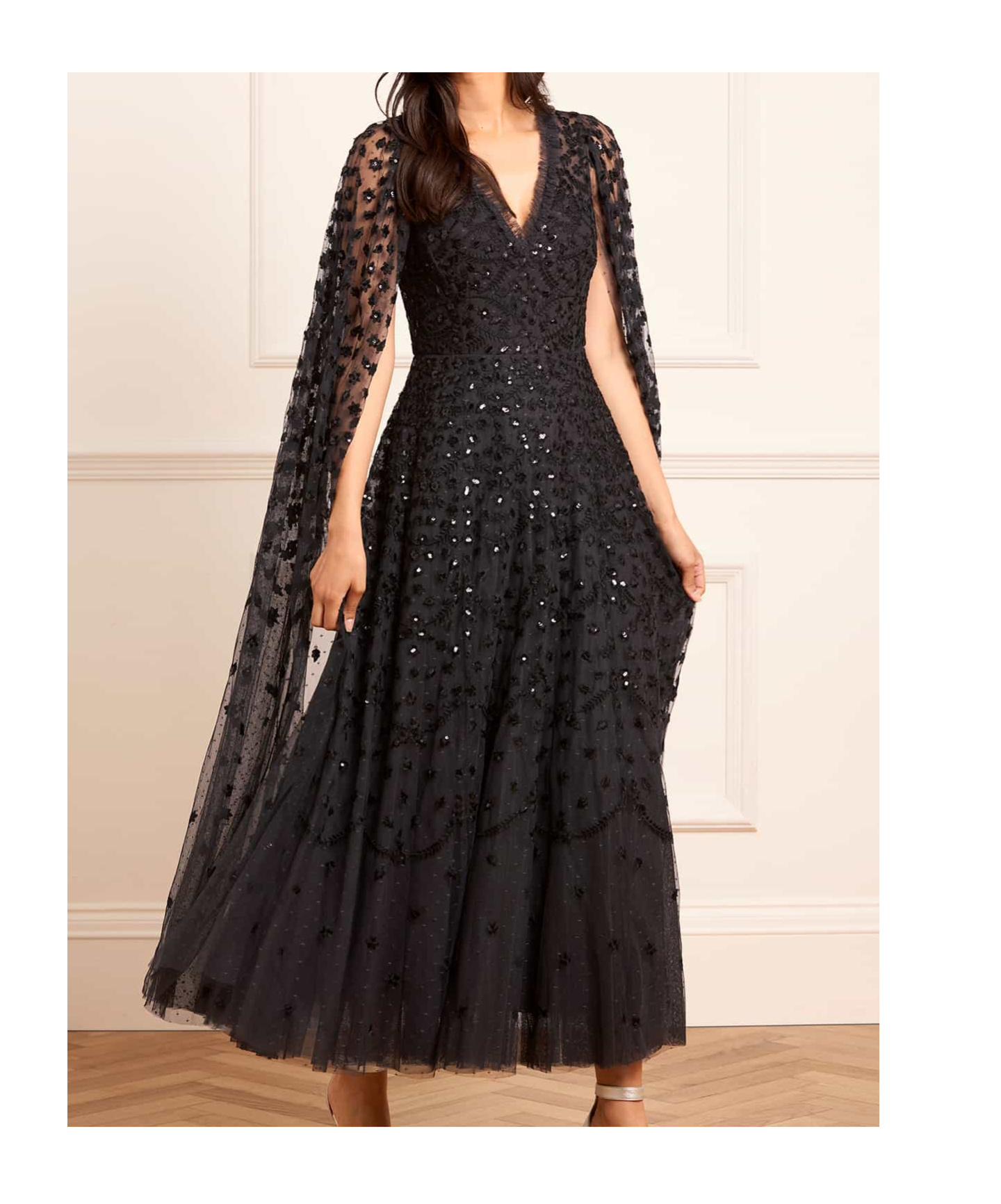 Needle & Thread Clover Cape Sleeve Ankle Gown In Black