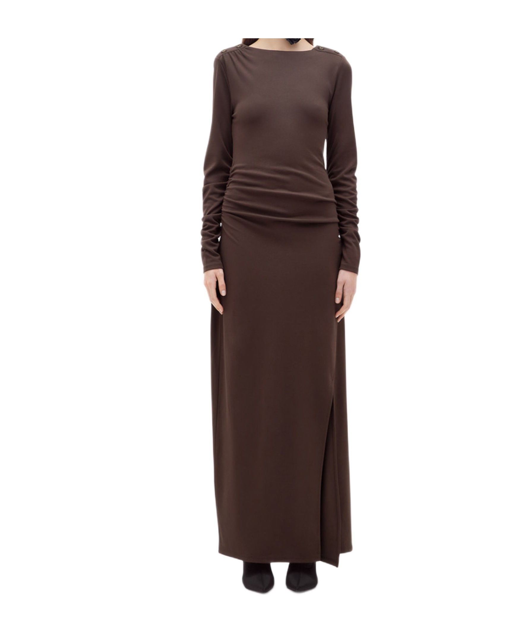 Blugirl Gathered Long Jersey Dress With Side Slit And Glove Sleeves In Brown