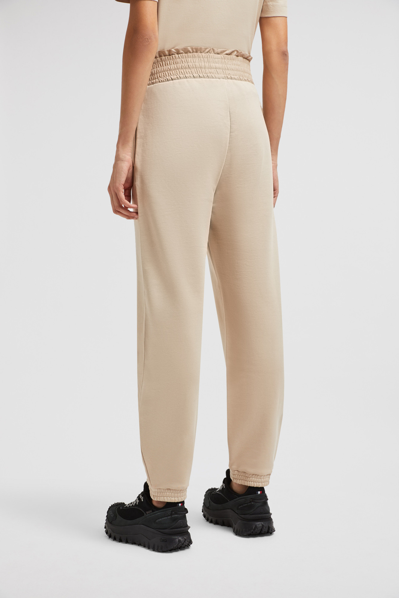 Moncler Embroidered Logo Cotton Sweatpants Beige In Nude