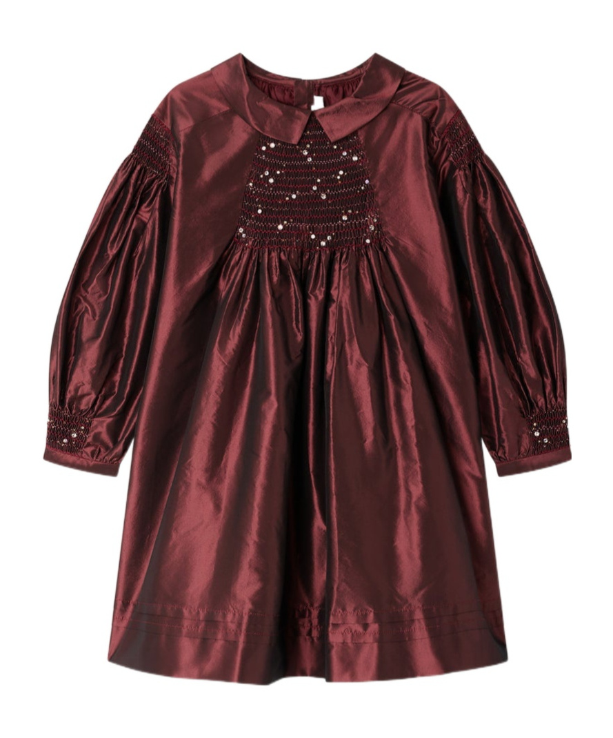 Bonpoint Jeanne Ruffled Embroidered Silk Dress In Brown
